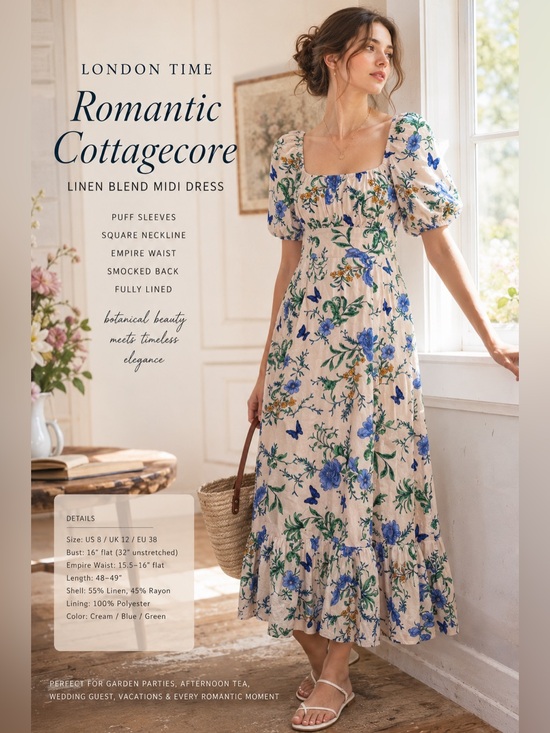 London Times Dresses & Skirts - Floral Butterfly Linen Blend Midi Dress Puff Sleeve Autumn Wedding Guest Size 8
